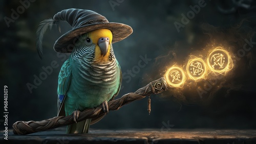 A whimsical parakeet with a wizard hat conjures magic with a glowing staff, surrounded by an enchanting ambiance.