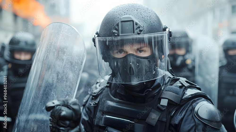 Riot Police in Tactical Formation Holding Batons and Shields During Simulated Protest Scenario Riot Police in Tactical Formation Holding Batons and Shields During Simulated Protest Scenario