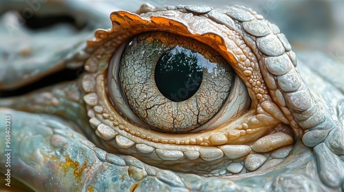 Alligators eye surrounded by scales on a white background, detailed texture photo