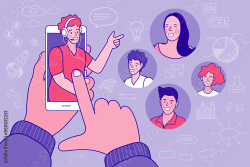Online consulting and webinar concept. A person watches a male expert with a headset giving a presentation to a remote audience on a smartphone. Vector for e-learning or a business meeting.