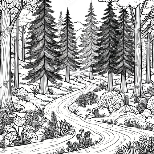 A dense forest with tall pine trees and a winding path leading through coloring page 