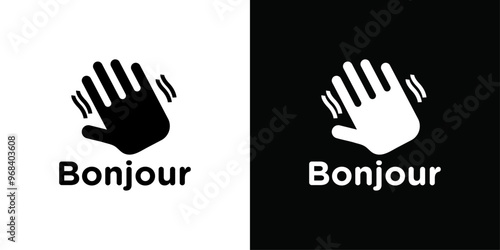 Bonjour text with hand wave icon Thin line flat illustration