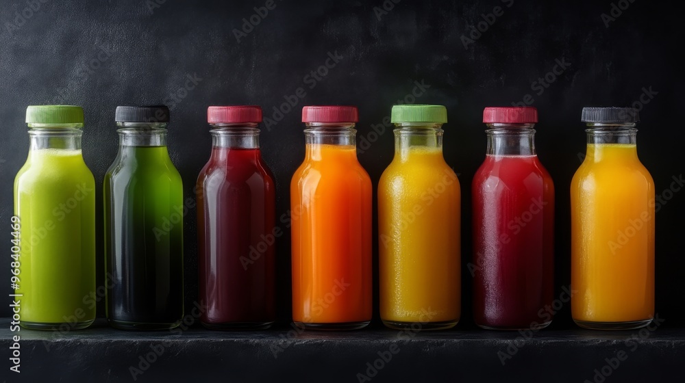 Colorful array of juice bottles on dark background Colorful array of juice bottles on dark background