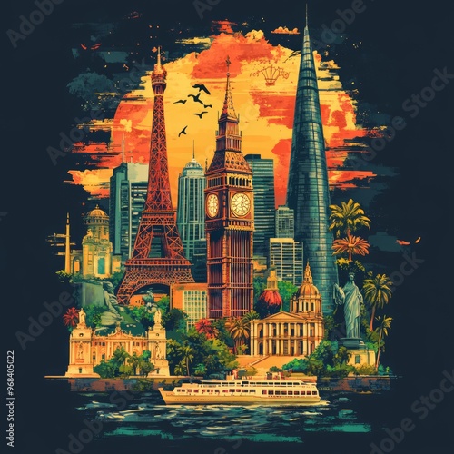 A vibrant illustration featuring iconic landmarks from various cities against a sunset backdrop. #968405022