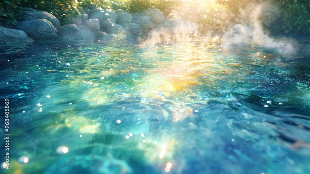 Fototapeta premium Tranquil Blue Water with Sunlit Reflections and Mist