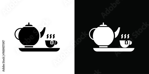 Teapot with teabag on cup icon Thin line flat illustration