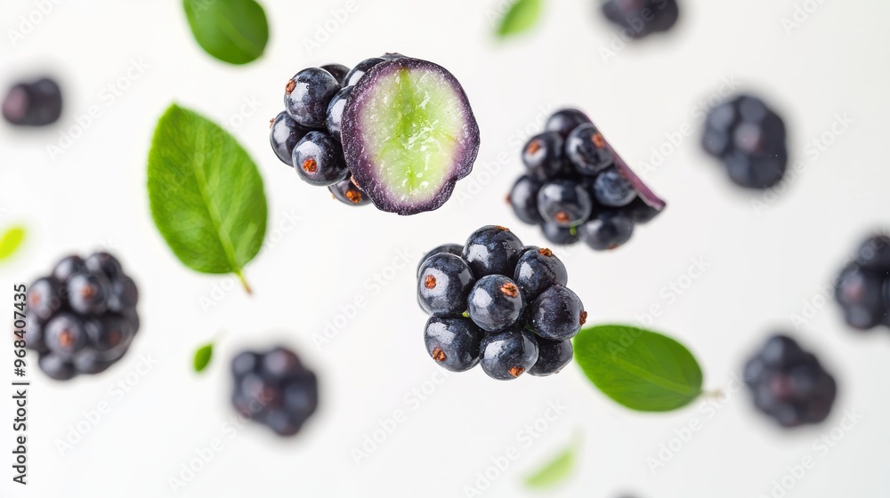 Chokeberry (Aronia) with half slices falling or floating in the air with green leaves isolated on a white background. Chokeberry (Aronia) with half slices falling or floating in the air with green leaves isolated on a white background.