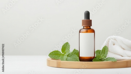 Amber cosmetic bottle with no label, placed on bamboo tray with fresh mint leaves, minimalist organic beauty product concept