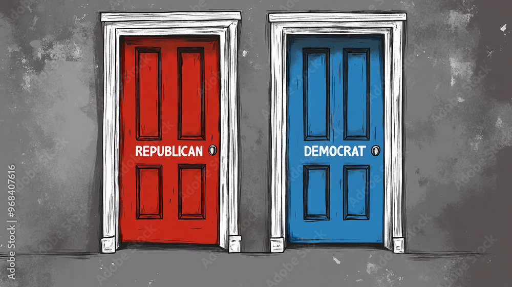 Red Republican Door and Blue Democrat Door Presidential politics theme Red Republican Door and Blue Democrat Door Presidential politics theme