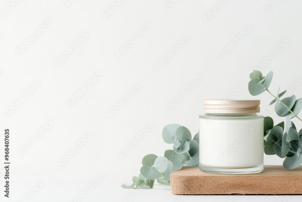 Matte glass cosmetic jar without label on wooden slab, surrounded by eucalyptus leaves, eco-friendly skincare, natural beauty mock-up Matte glass cosmetic jar without label on wooden slab, surrounded by eucalyptus leaves, eco-friendly skincare, natural beauty mock-up