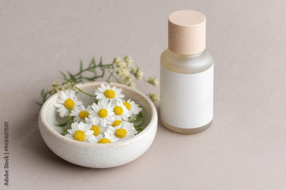 Organic skincare bottle with no label, nestled in a ceramic dish with chamomile flowers, minimalist beauty branding Organic skincare bottle with no label, nestled in a ceramic dish with chamomile flowers, minimalist beauty branding