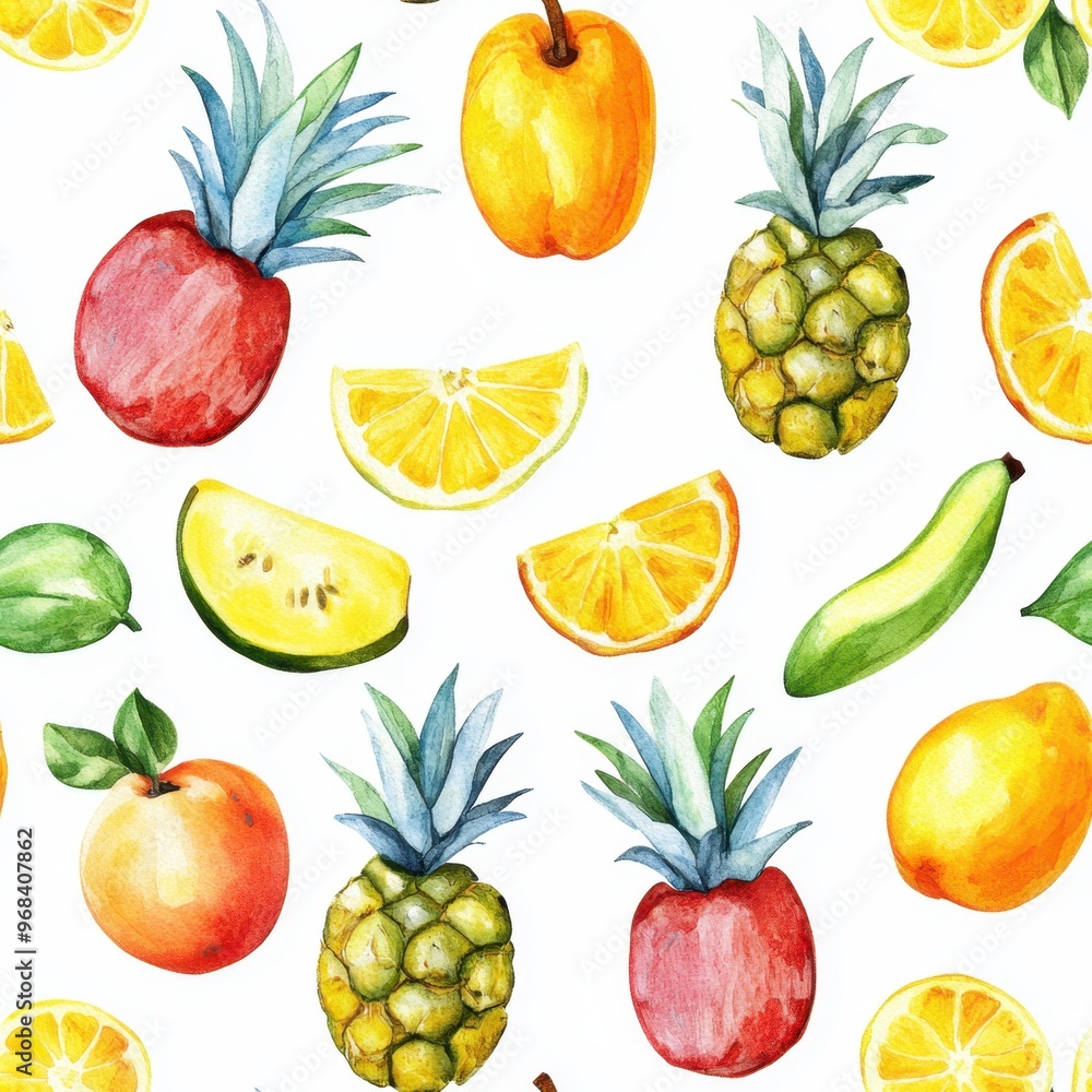 A colorful pattern featuring various fruits illustrated in watercolor style.