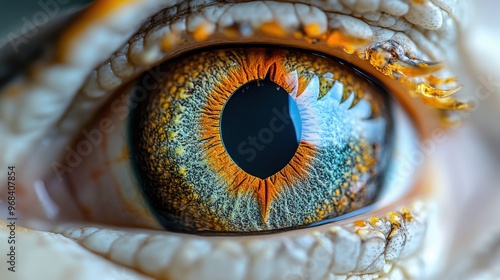 Close-up of a crocodile's eye on a white background, detailed scales photo