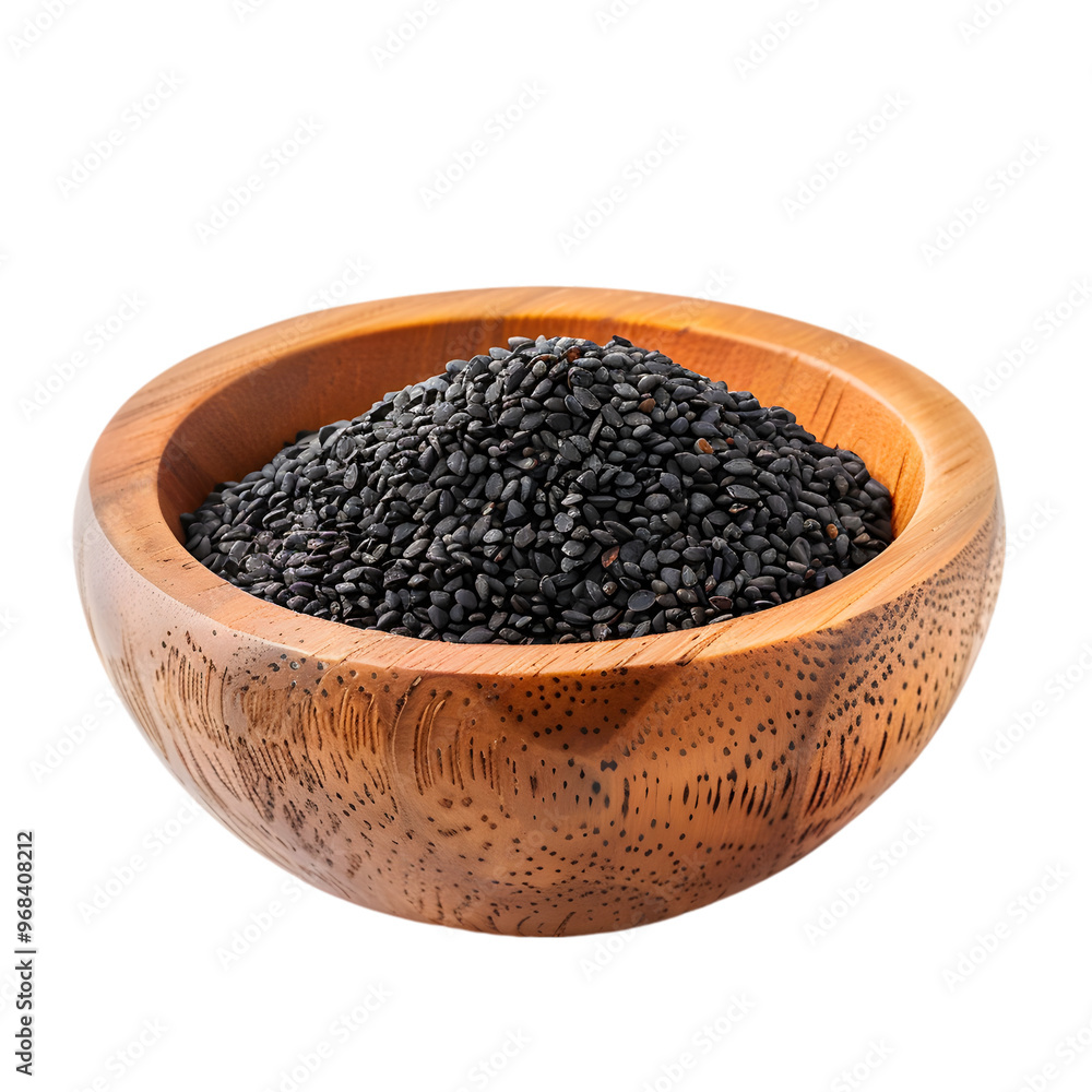 Black Sesame Seeds in wooden bowl isolated on a transparent background Black Sesame Seeds in wooden bowl isolated on a transparent background