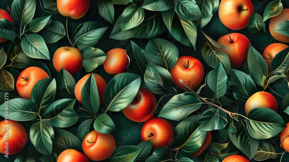 Red Apples and Lush Green Leaves on a Dark Background Red Apples and Lush Green Leaves on a Dark Background