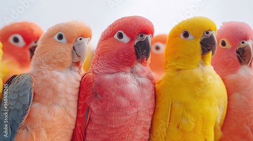 Close-up of a parrot's face and beak on a white background, vibrant feathers