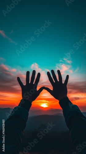 Hands framing sunrise over mountains