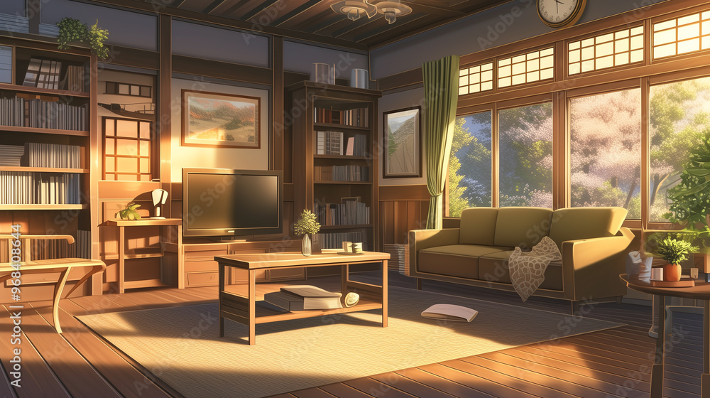 Cozy living room interior design with wooden furniture, bookshelf, sofa, and natural light Cozy living room interior design with wooden furniture, bookshelf, sofa, and natural light