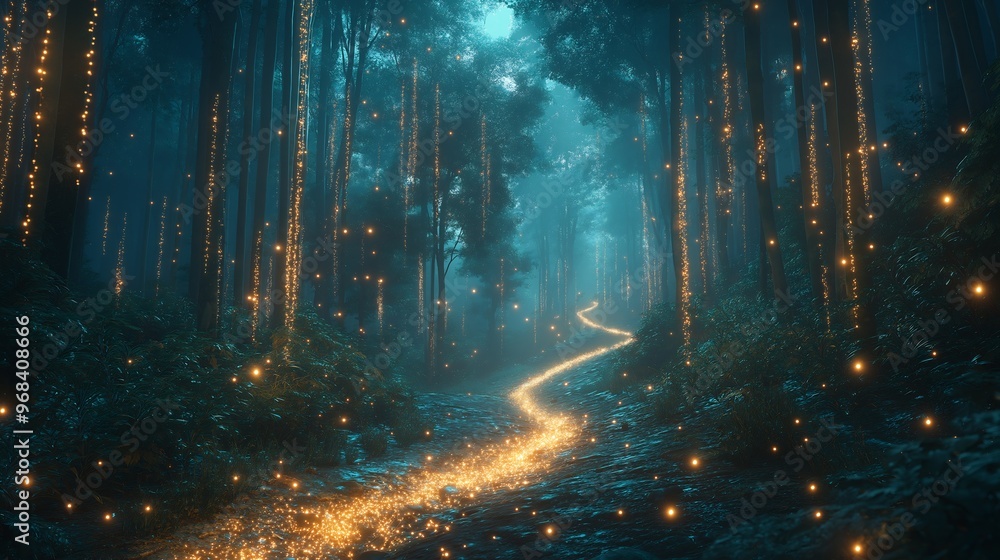 Obraz premium Enchanted Forest Path with Fireflies at Night