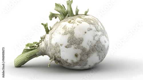 24. **A 3D render of a moldy turnip, with white fungal growth and soft, discolored areas, isolated on a clean white background