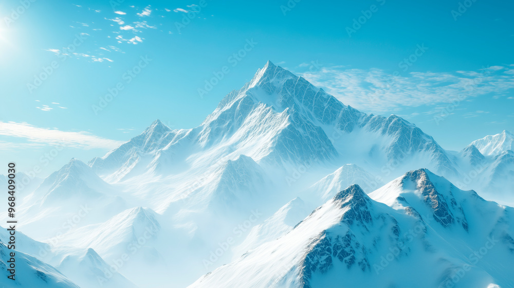 Fototapeta premium Snow-covered mountain range under clear blue sky, showcasing majestic peaks and serene landscapes bathed in sunlight