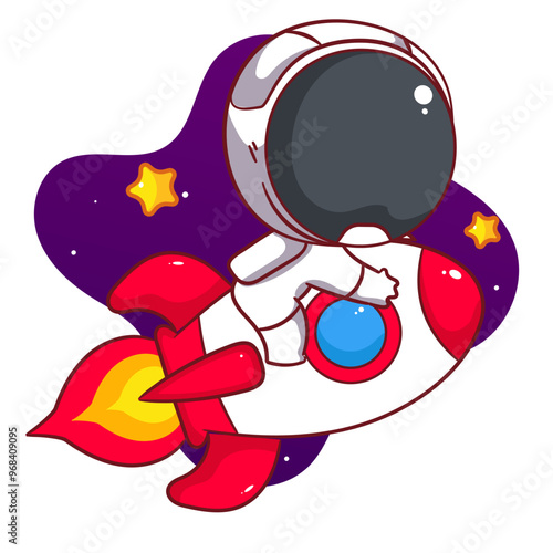 Cute astronaut riding spaceship cartoon character. Space and science concept design. Hand drawn flat adorable chibi vector illustration. Icon logo mascot isolated background.