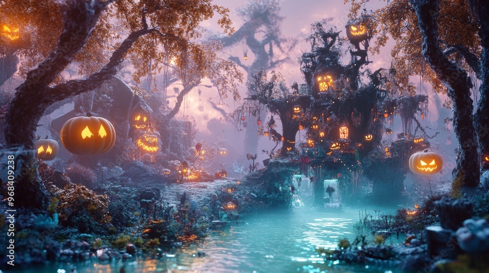 Enchanting 3D Pointillism Halloween Landscape with Spooky Swamp Theme Enchanting 3D Pointillism Halloween Landscape with Spooky Swamp Theme