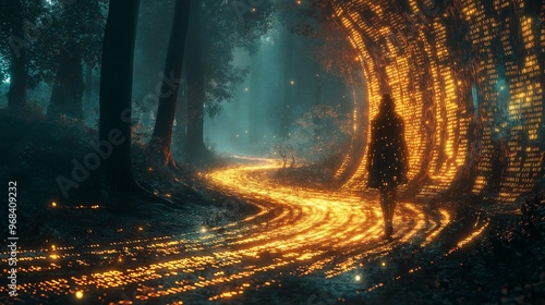 Woman Walking Forest Path Digital Code Overlay