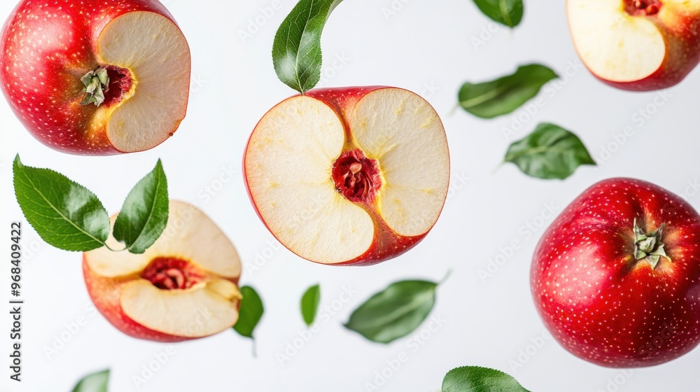 Crabapple with half slices falling or floating in the air with green leaves isolated on a white background. Crabapple with half slices falling or floating in the air with green leaves isolated on a white background.