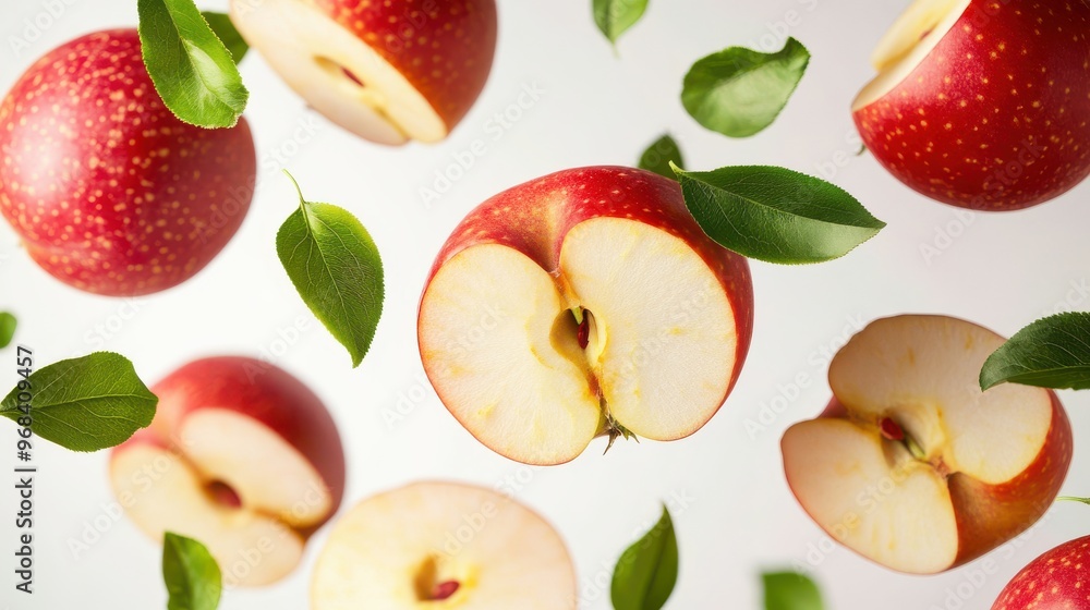 Naklejka premium Crabapple with half slices falling or floating in the air with green leaves isolated on a white background.