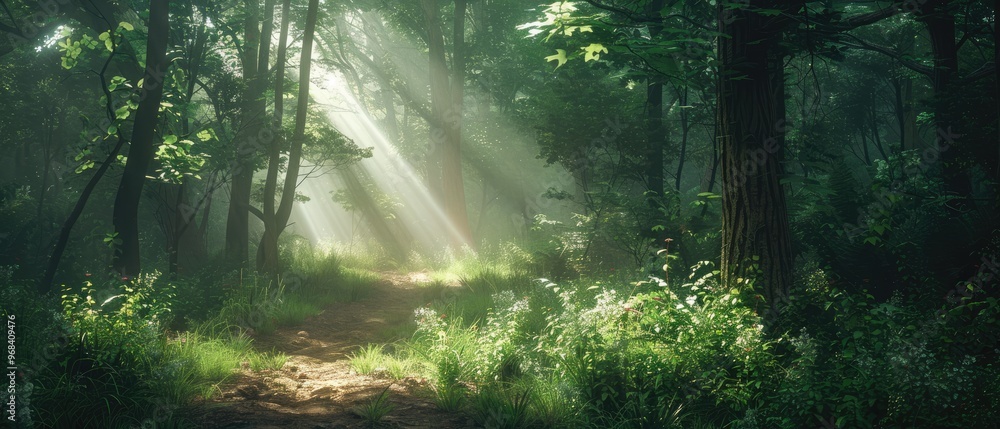 Sunbeams Pierce Through Lush Foliage in a Mysterious Forest Sunbeams Pierce Through Lush Foliage in a Mysterious Forest