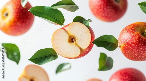 Crabapple with half slices falling or floating in the air with green leaves isolated on a white background.