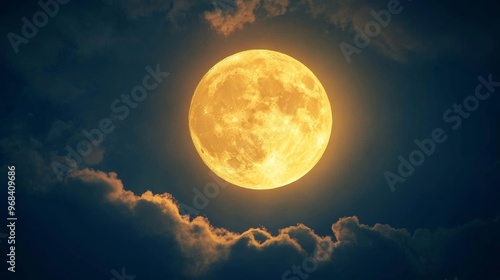 Full moon glowing in cloudy night sky