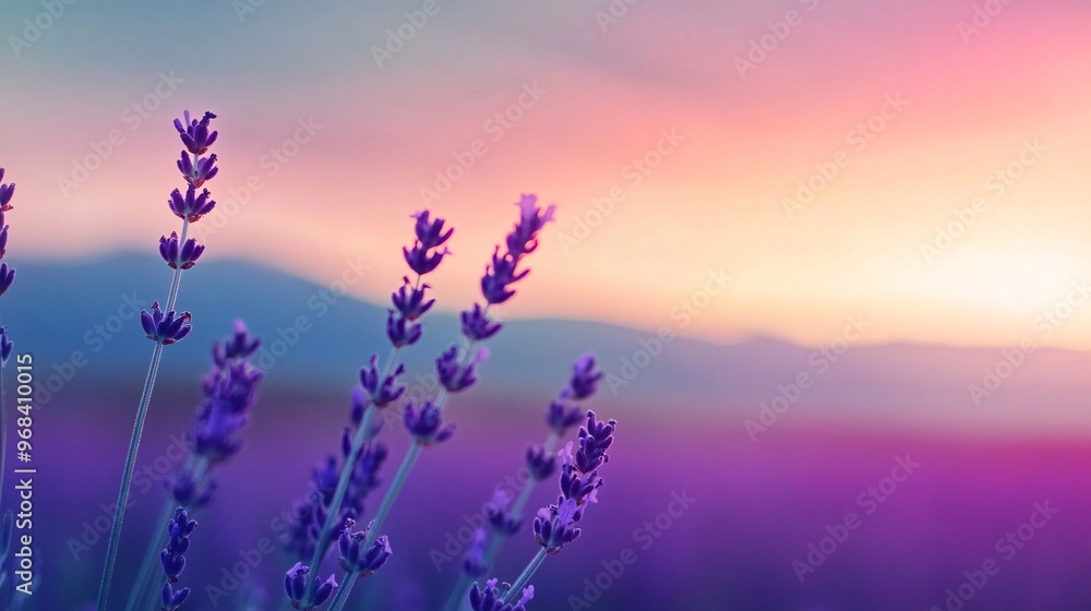Fototapeta premium Vibrant lavender flowers in soft focus against a pastel sunset sky.