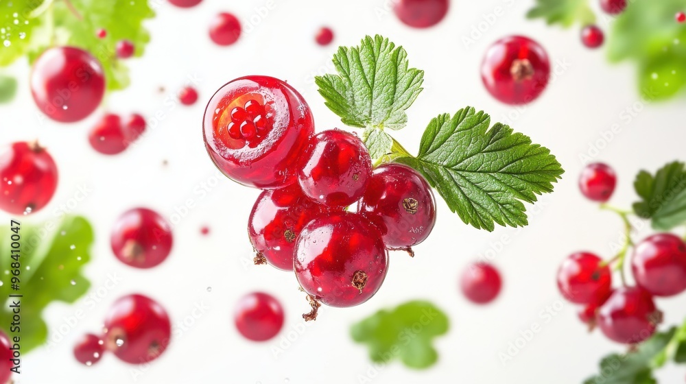 Currant with half slices falling or floating in the air with green leaves isolated on a white background. Currant with half slices falling or floating in the air with green leaves isolated on a white background.