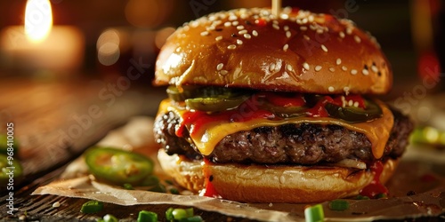 Close up shot of a cheeseburger with jalapenos photo