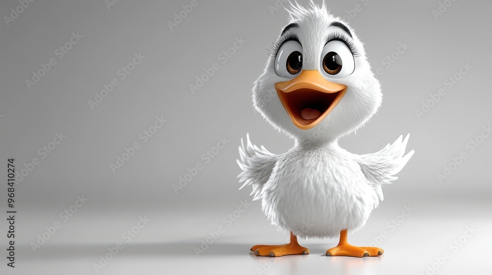 Cute animated duck with big eyes and a wide smile on a white background