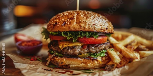 Homemade Burger with Fries Tomatoes Cheese Herbs and Onions