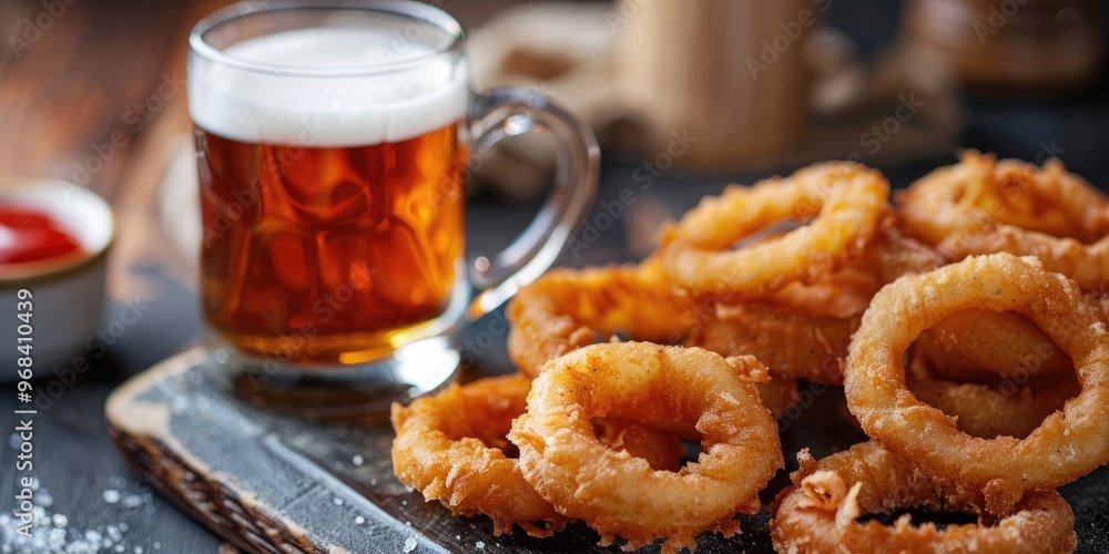 Pub Style Onion Rings Served with Ketchup and Beer