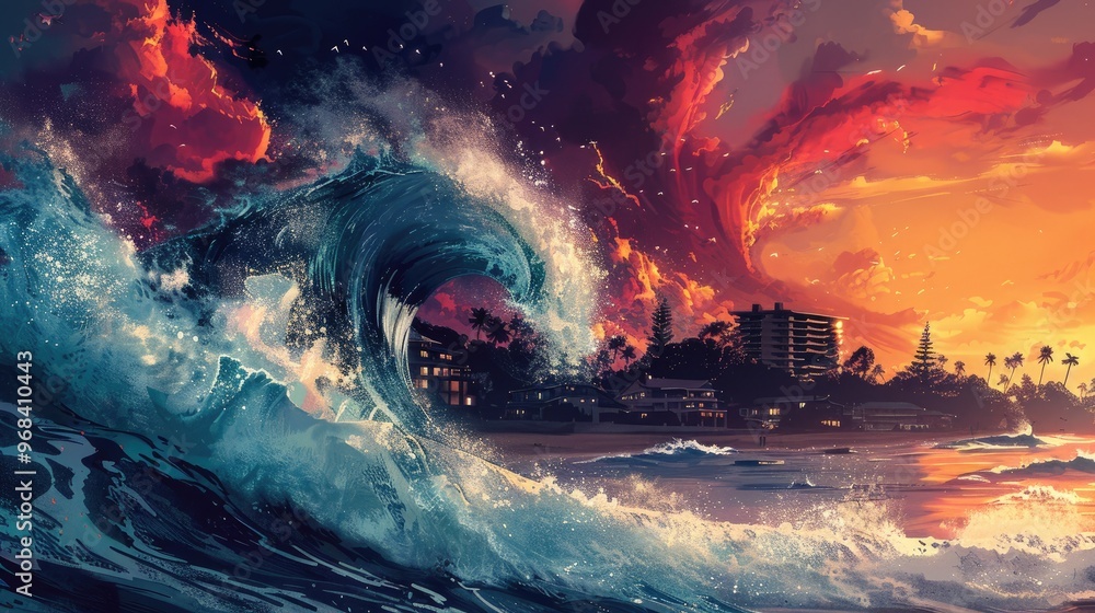 Ocean Wave Crashing Under a Sunset Sky Ocean Wave Crashing Under a Sunset Sky