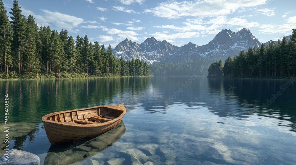 A serene wooden boat rests on crystal-clear water near a forested lake surrounded by majestic mountains at dawn A serene wooden boat rests on crystal-clear water near a forested lake surrounded by majestic mountains at dawn