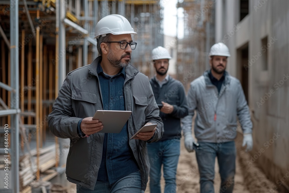Architect walking through a construction site, examining progress with cranes and scaffolding in the distance, ultra-realistic detail Architect walking through a construction site, examining progress with cranes and scaffolding in the distance, ultra-realistic detail