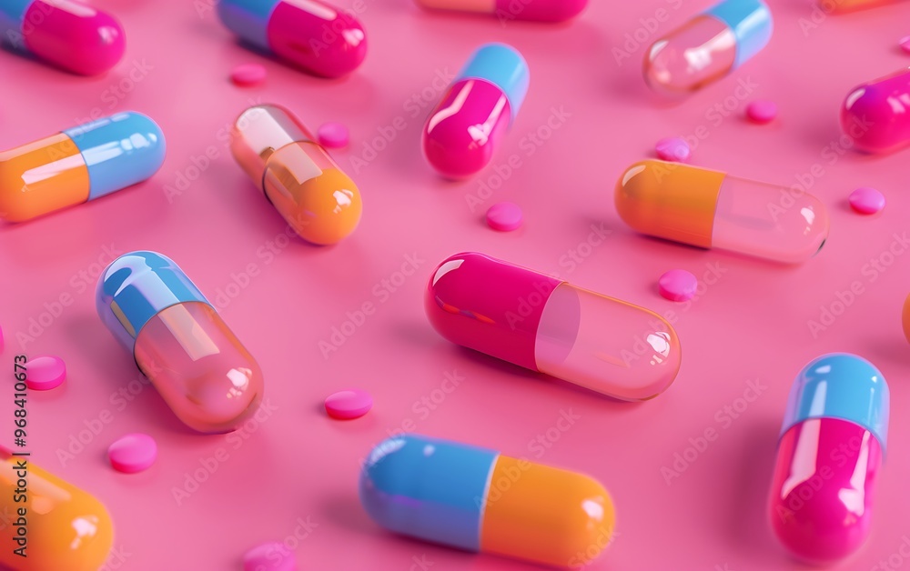 Colorful medical capsules on pink background. Top view, flat lay Colorful medical capsules on pink background. Top view, flat lay