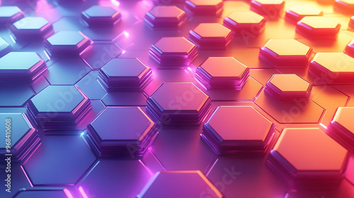 3D Rendered Abstract Background - Neon Hexagon Pattern