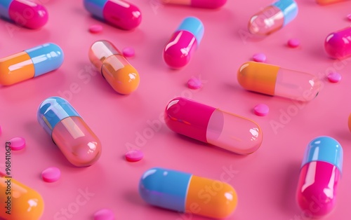 Colorful medical capsules on pink background. Top view, flat lay