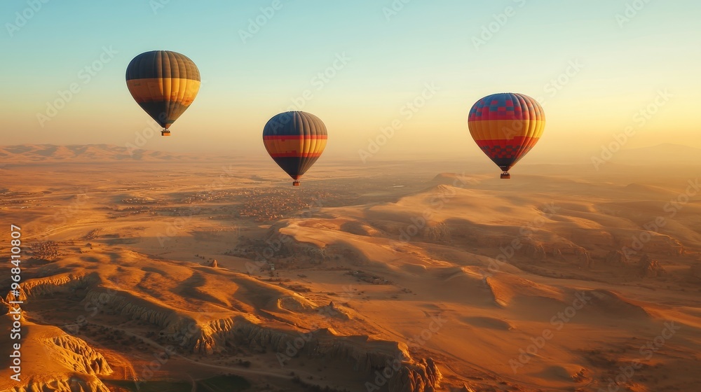A serene view of colorful hot air balloons soaring over a vast desert landscape at sunset. A serene view of colorful hot air balloons soaring over a vast desert landscape at sunset.