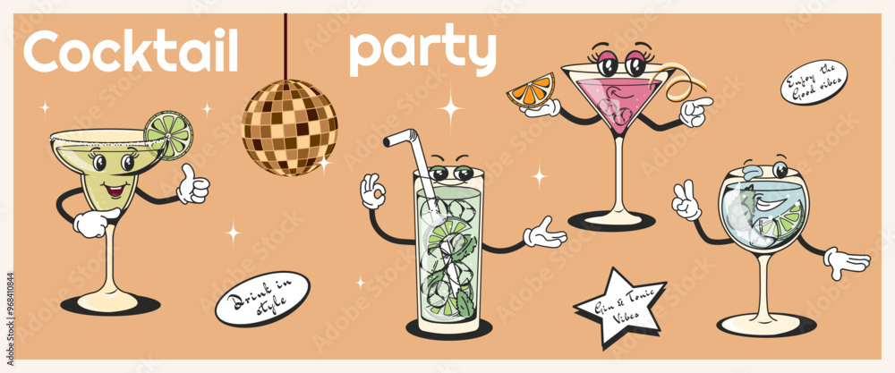 Vetor de Set of retro cocktails with groovy style characters with ...