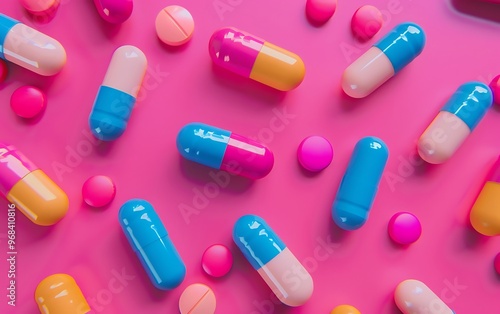 Colorful medical capsules on pink background. Top view, flat lay