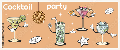 Set of retro cocktails with groovy style characters with different poses and emotions. Gin tonic, cosmopolitan, margarita, mojito. Talisman for bars and restaurants.Character of 60s and 70s for retro 