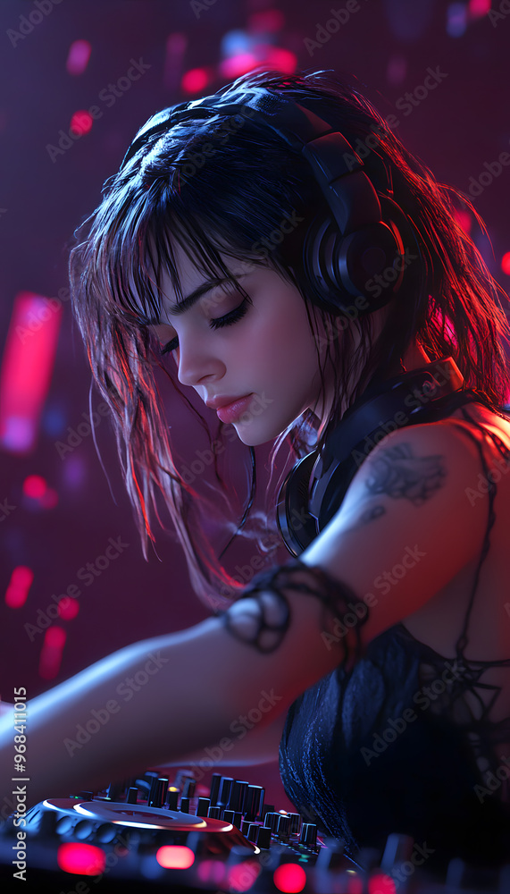 Naklejka premium A young and beautiful female DJ performing , Photo realistic